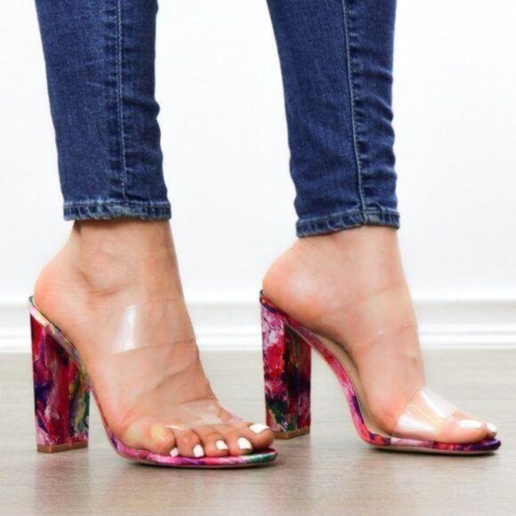 Clear Strappy Chunky High Heel Slider Sandal - Picture 1 of 8